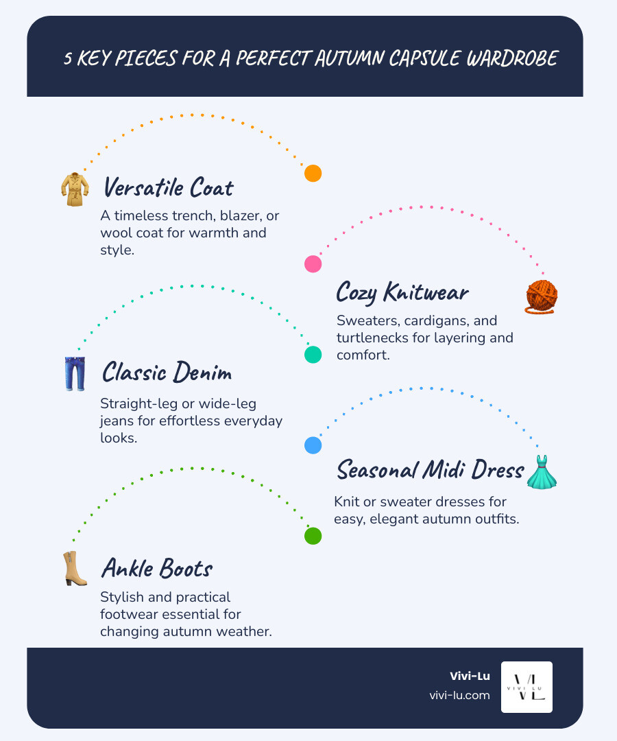 Essential autumn capsule wardrobe featuring 5 key pieces: a versatile trench coat in camel, a cozy cream knit sweater, classic straight-leg jeans, a burgundy midi dress, and black ankle boots arranged in a cohesive color palette - womens autumn clothes infographic infographic-line-5-steps-blues-accent_colors