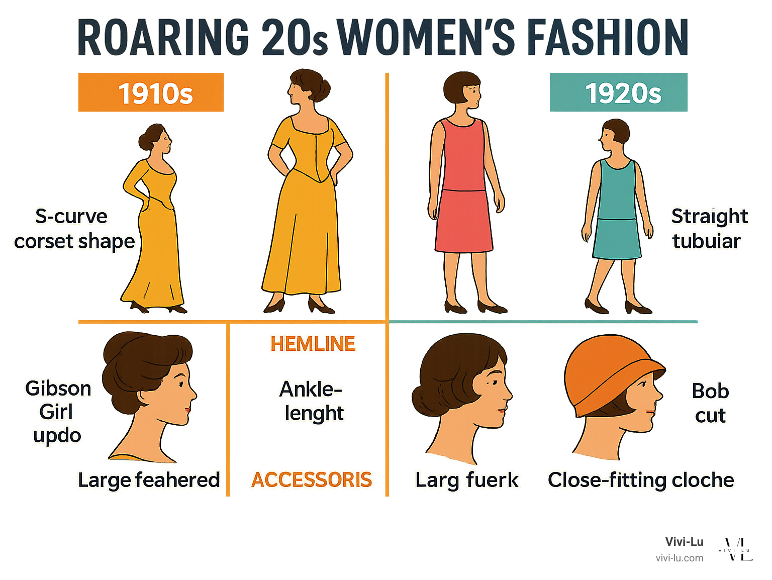 Infographic showing the change of women's fashion from 1910s to 1920s, displaying side-by-side comparisons of silhouettes (S-curve corset shape vs. straight tubular), hemlines (ankle-length vs. knee-length), hairstyles (Gibson Girl updo vs. bob cut), and accessories (large feathered hats vs. close-fitting cloche hats) - roaring 20s women's fashion infographic 