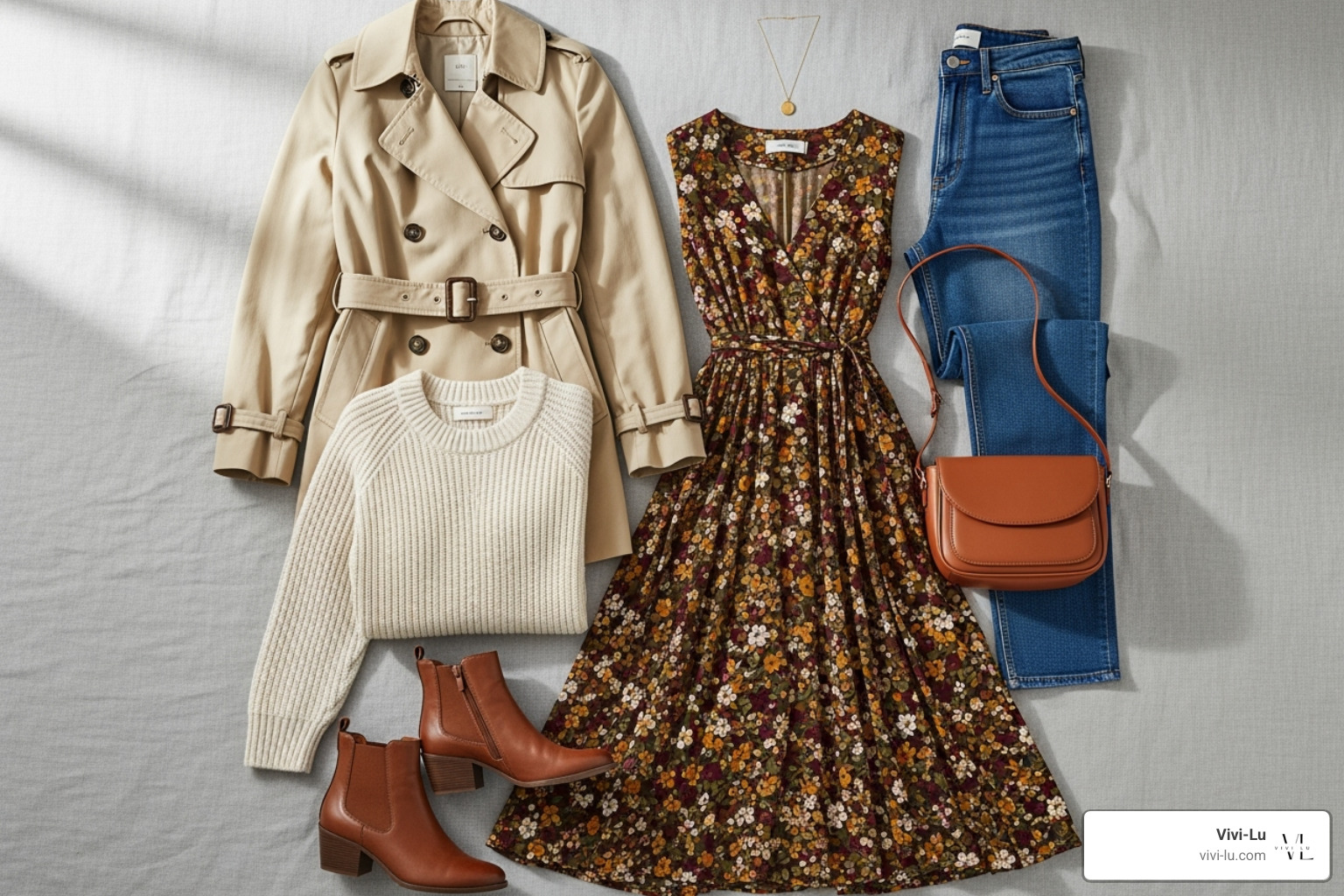 a flat lay of a capsule wardrobe including a trench coat, sweater, jeans, and a dress - womens autumn clothes