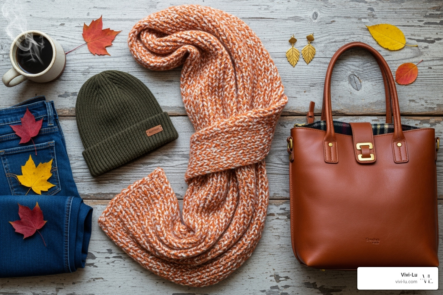 a collection of autumn accessories like a scarf, beanie, and leather tote bag - womens autumn clothes