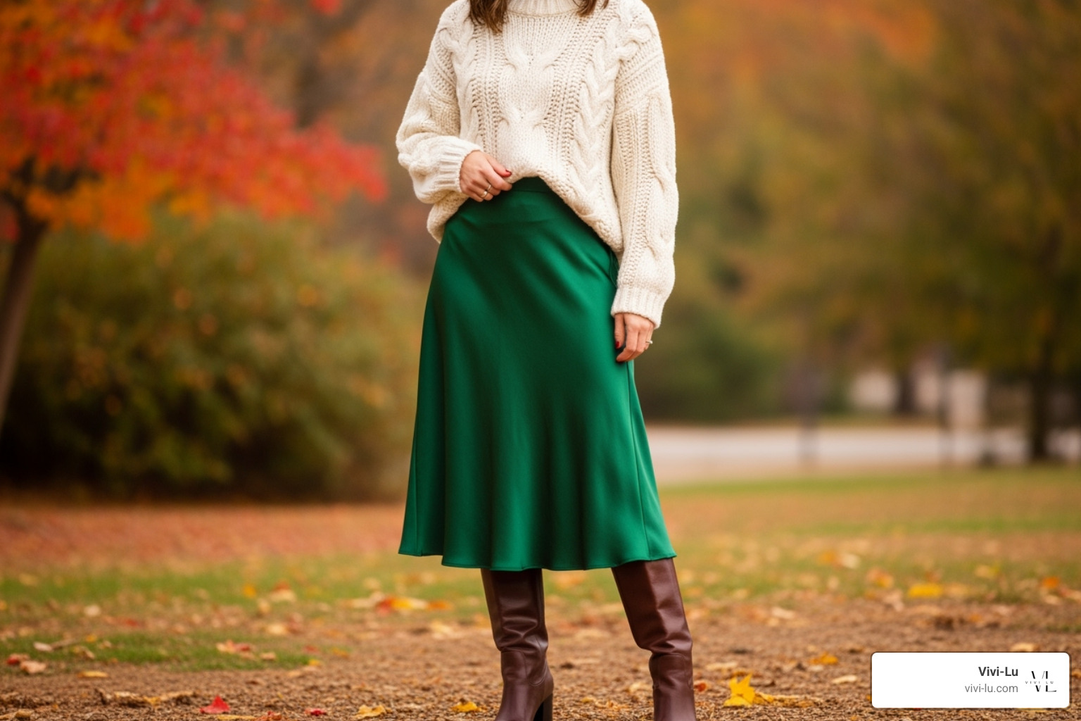 a cozy sweater paired with a satin midi skirt and boots - autumn outfits for ladies
