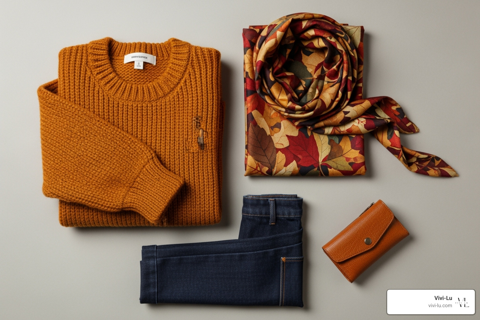 a flat lay of autumn fabrics like a chunky knit, a silk scarf, denim, and a leather item - autumn outfits for ladies