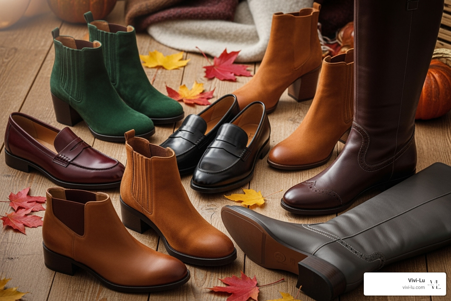 collection of stylish autumn shoes like loafers, ankle boots, and knee-high boots - autumn outfits for ladies