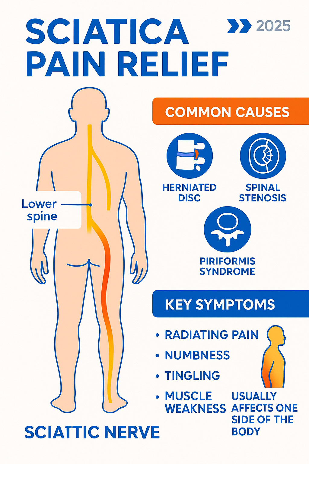 Infographic showing the sciatic nerve pathway from lower spine through buttocks and down the leg, with common causes like herniated disc, spinal stenosis, and piriformis syndrome, plus key symptoms including radiating pain, numbness, tingling, and muscle weakness primarily affecting one side of the body - sciatica pain relief infographic 