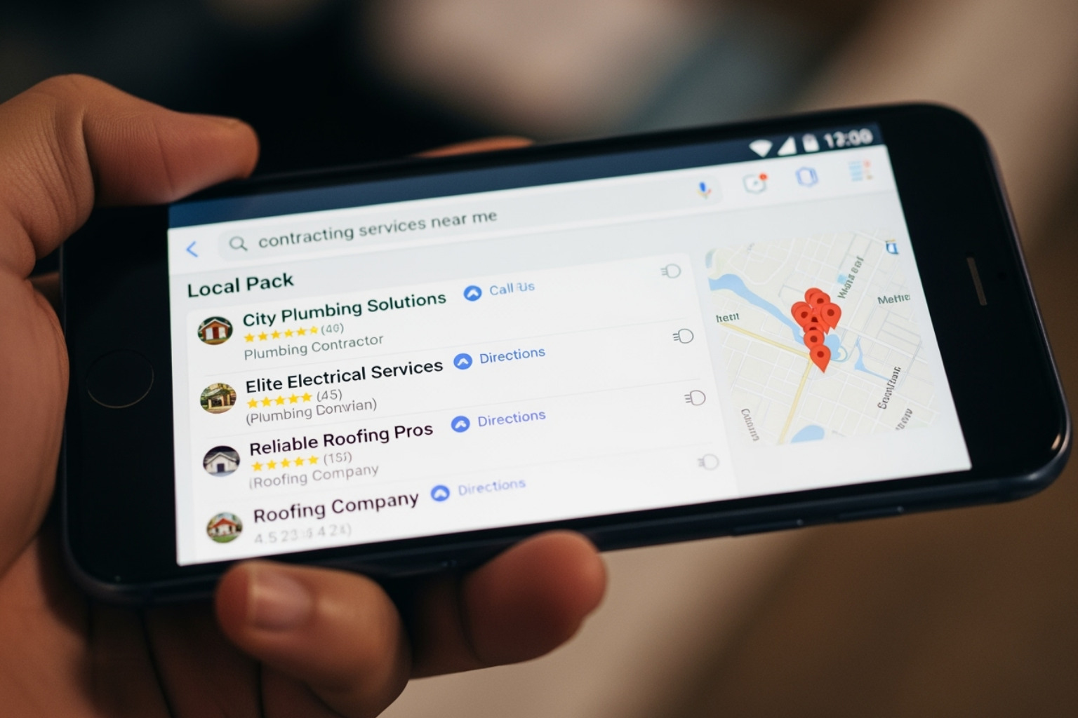 Google Local Pack results on a smartphone for a contracting service - contractor seo agency