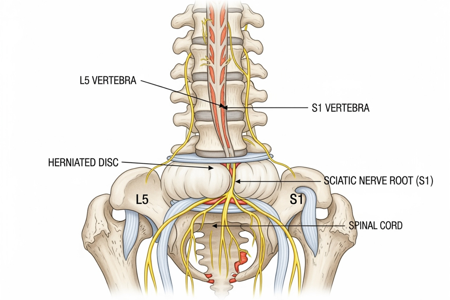 Image showing a herniated disc pressing on the sciatic nerve in the spinal canal - sciatica pain relief