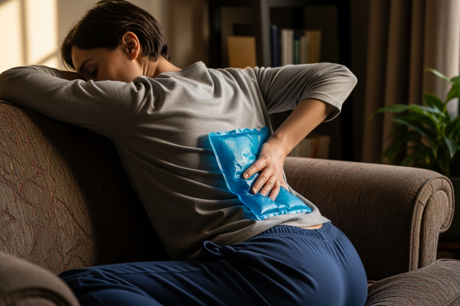 Image of a person applying a cold pack to their lower back while sitting - sciatica pain relief