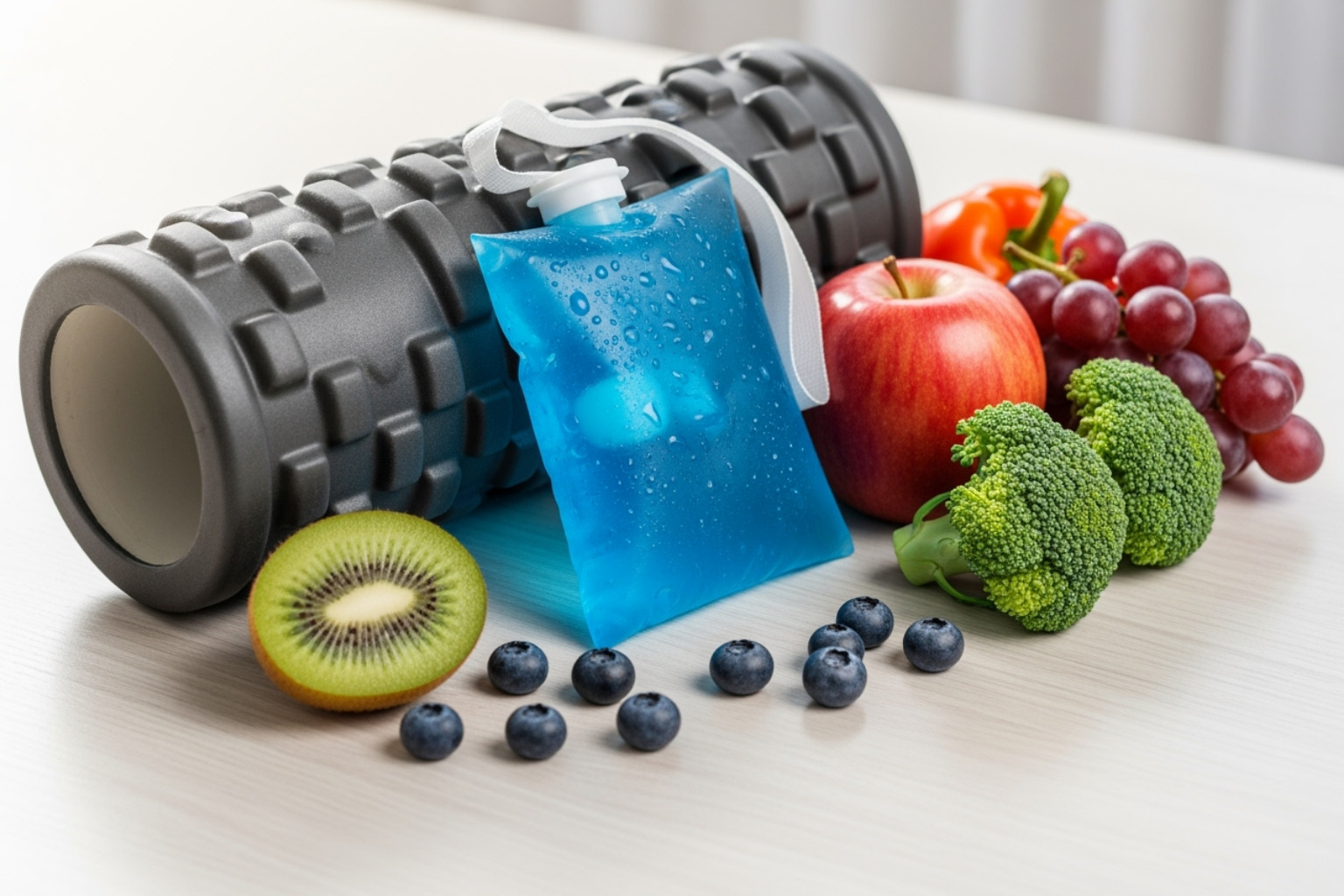 various relief methods like a foam roller, ice pack, and healthy food - after workout sore