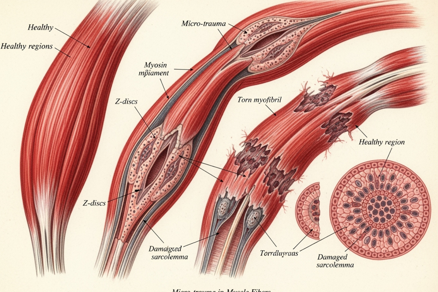 diagram showing muscle fibers with micro-tears - after workout sore
