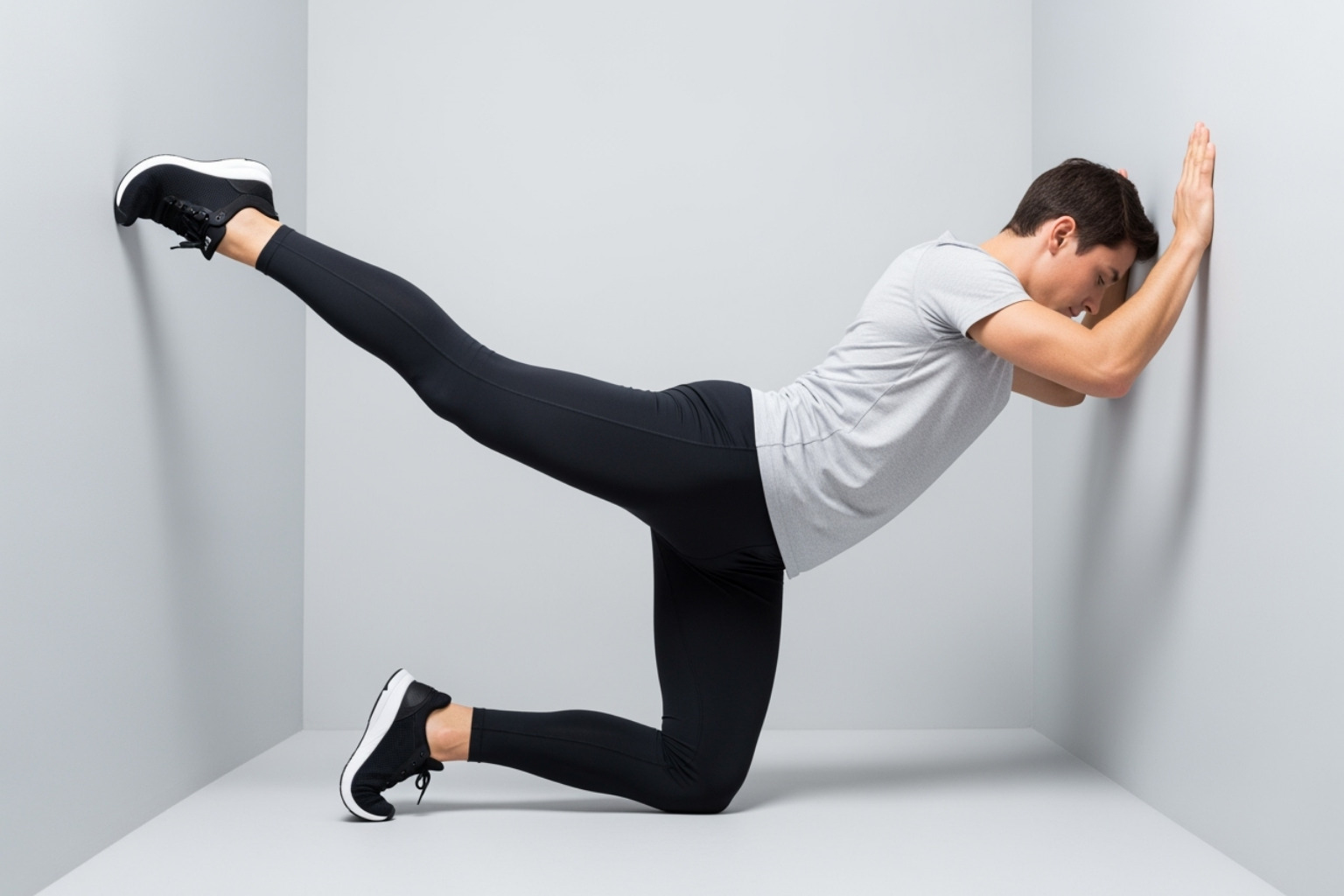 person doing wall push calf stretch - exercises for plantar fasciitis