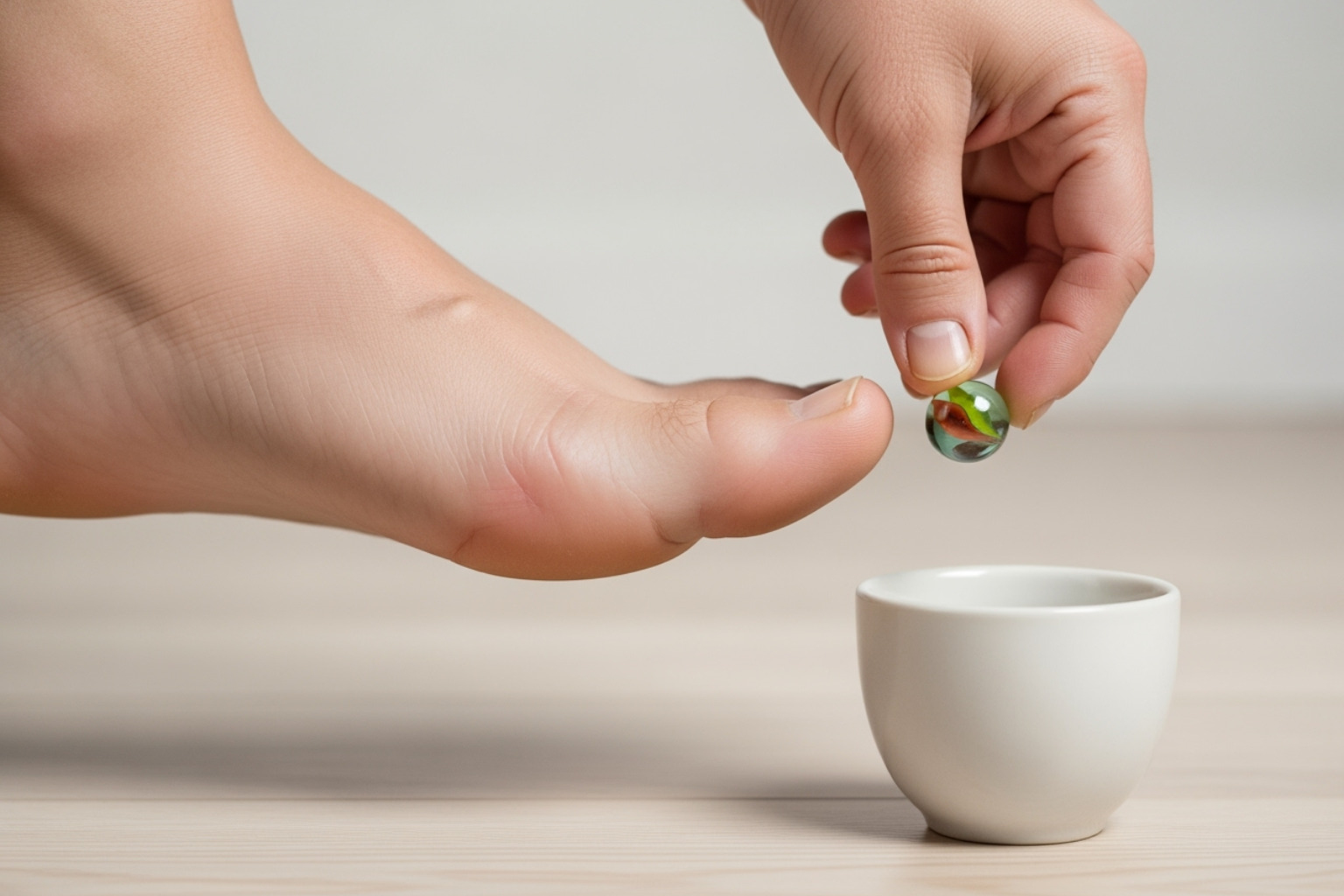foot picking up marbles and placing them in cup - exercises for plantar fasciitis