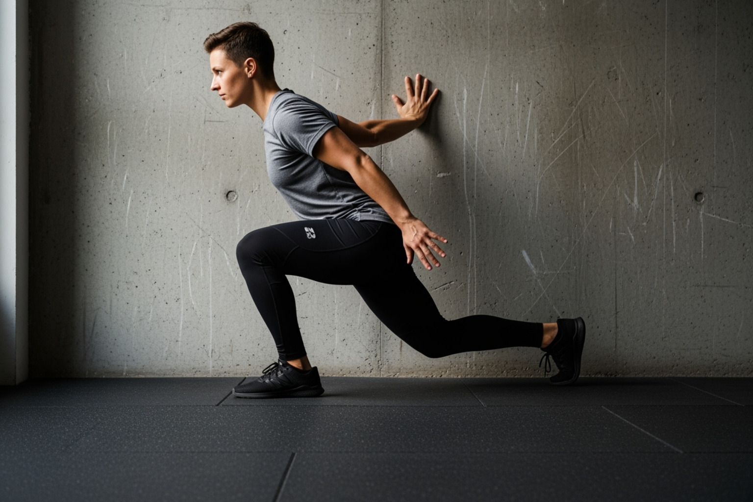 person doing bent-knee calf stretch against wall - exercises for plantar fasciitis