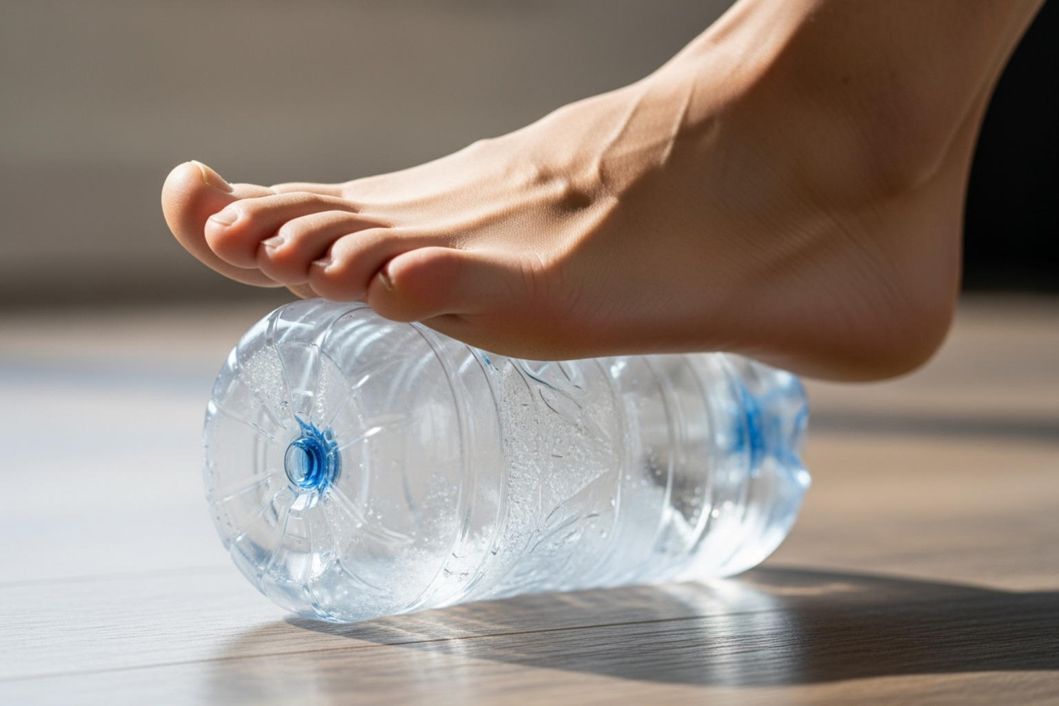 foot rolling on frozen water bottle - exercises for plantar fasciitis