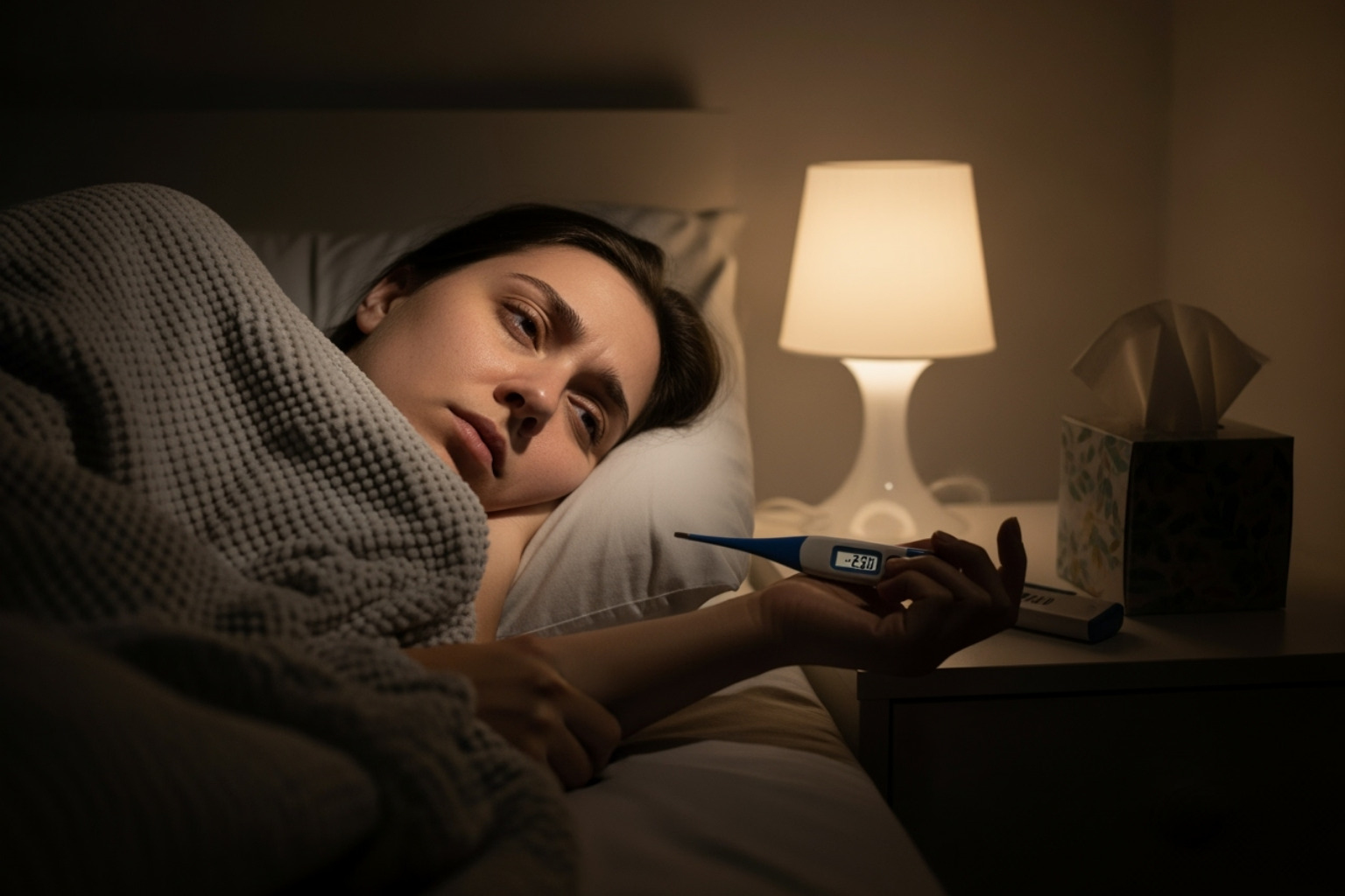A person resting in bed with a thermometer, looking tired and achy, symbolizing illness-induced body aches - body aches
