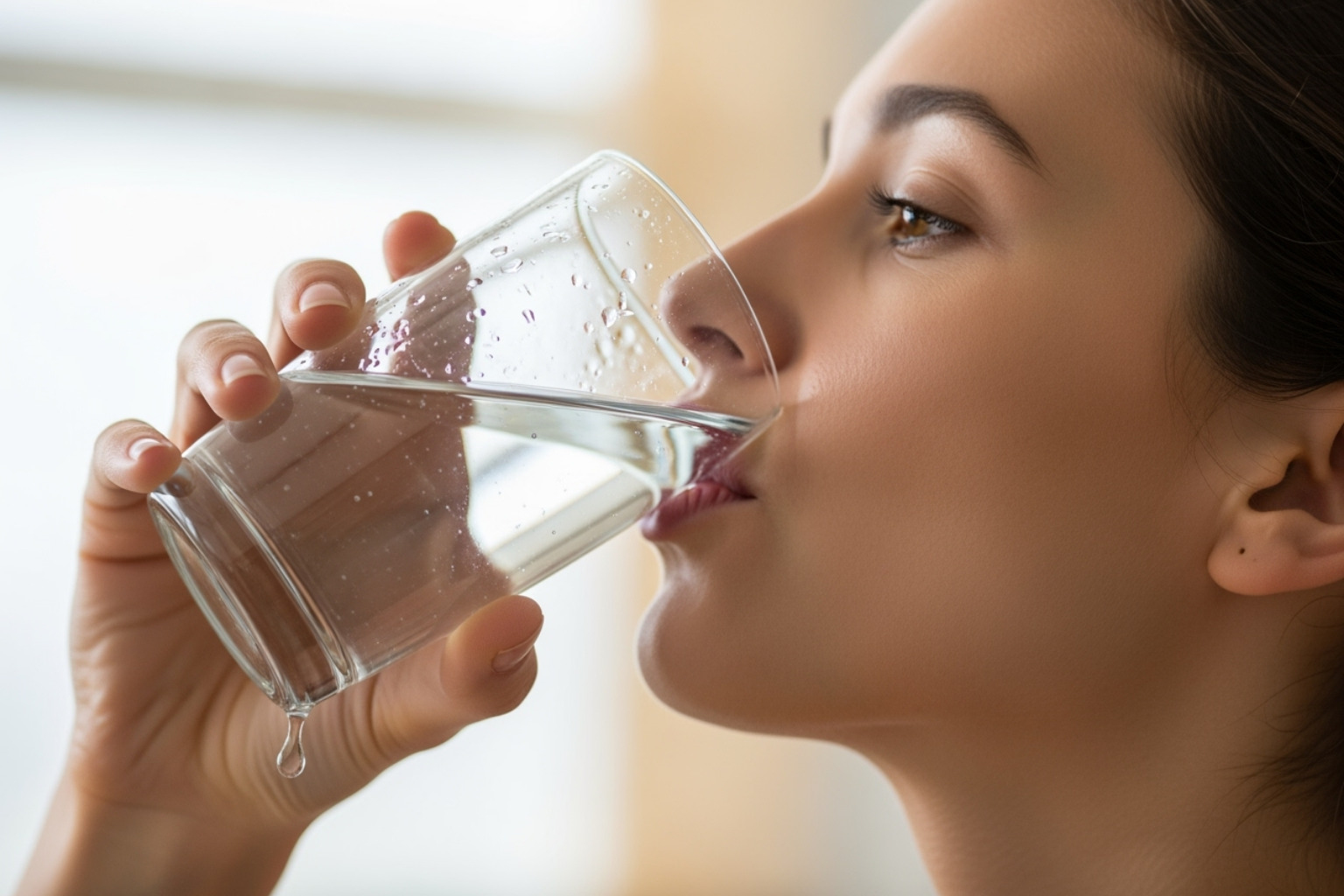 A person drinking a glass of water, illustrating the importance of hydration for body health - body aches