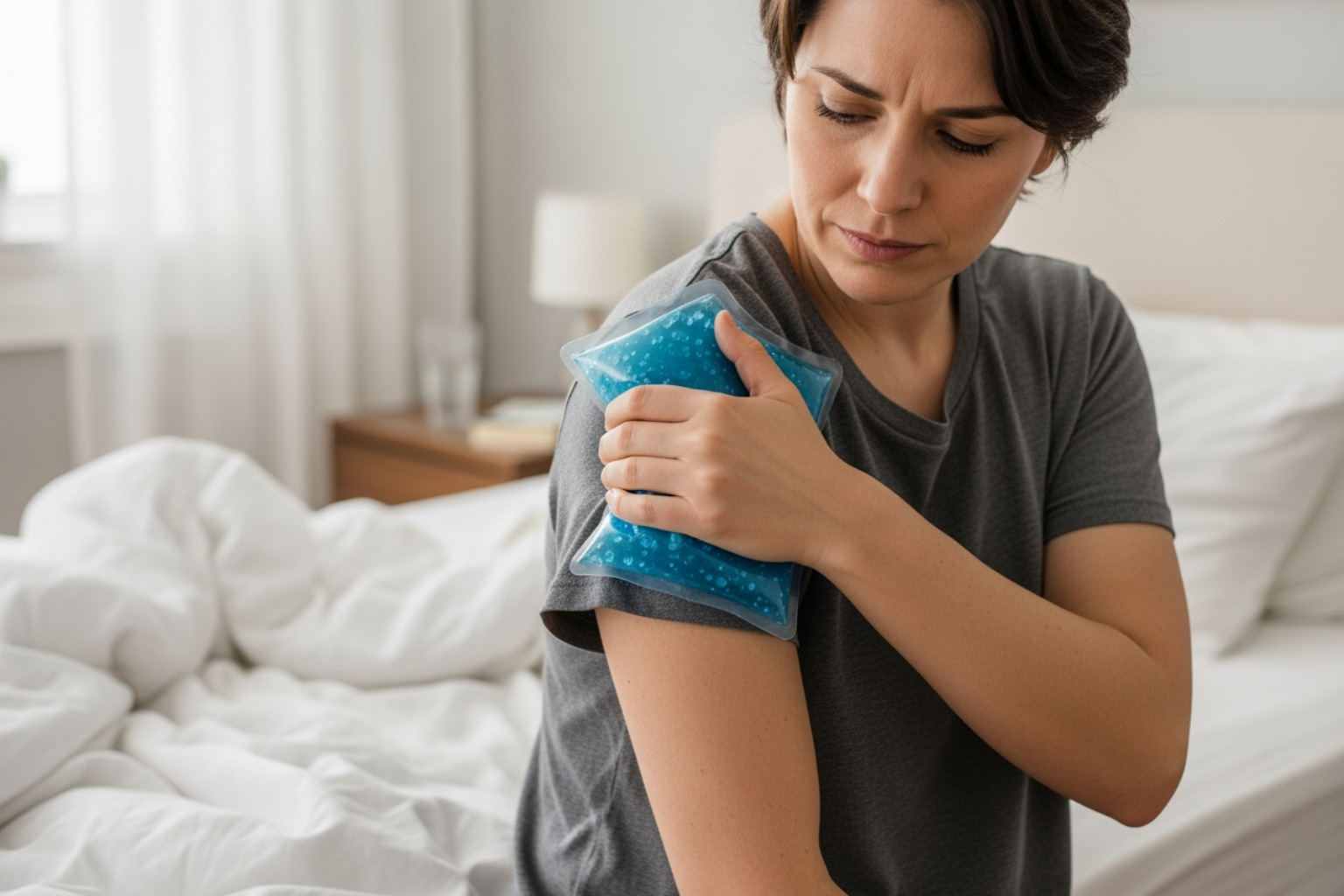A person applying a cold pack to their shoulder, demonstrating a common home remedy for localized muscle pain - body aches