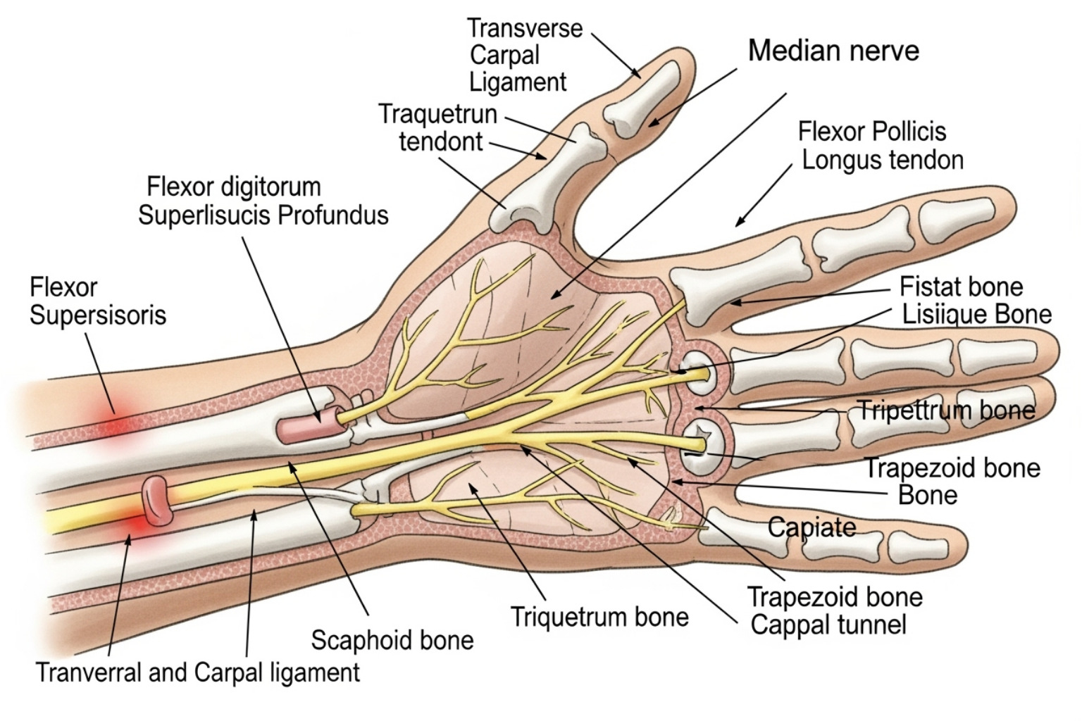 Image of the median nerve in the wrist, illustrating carpal tunnel syndrome. - peripheral neuropathy symptoms
