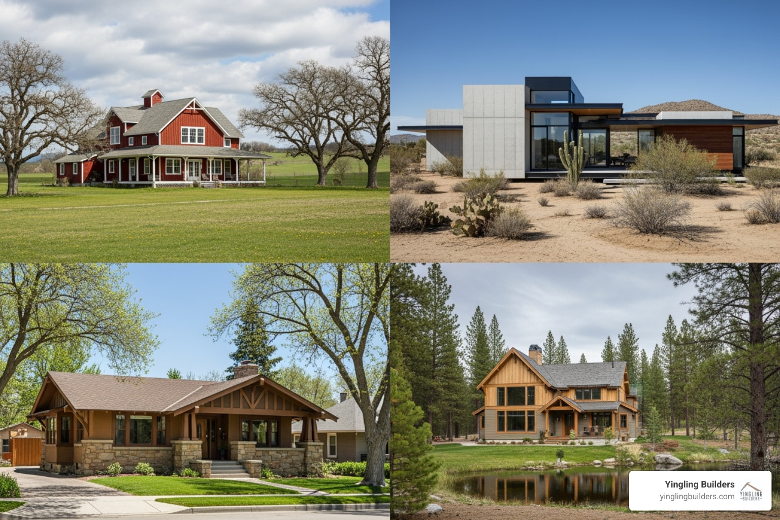 A collage showcasing diverse architectural styles: a traditional farmhouse, a modern minimalist home, a craftsman bungalow, and a Scandinavian-inspired design. - custom home plans near me