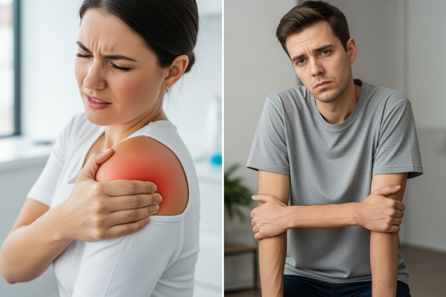 Image illustrating localized muscle pain in a specific area (e.g., shoulder) versus diffuse muscle pain spread across the body - muscle pain
