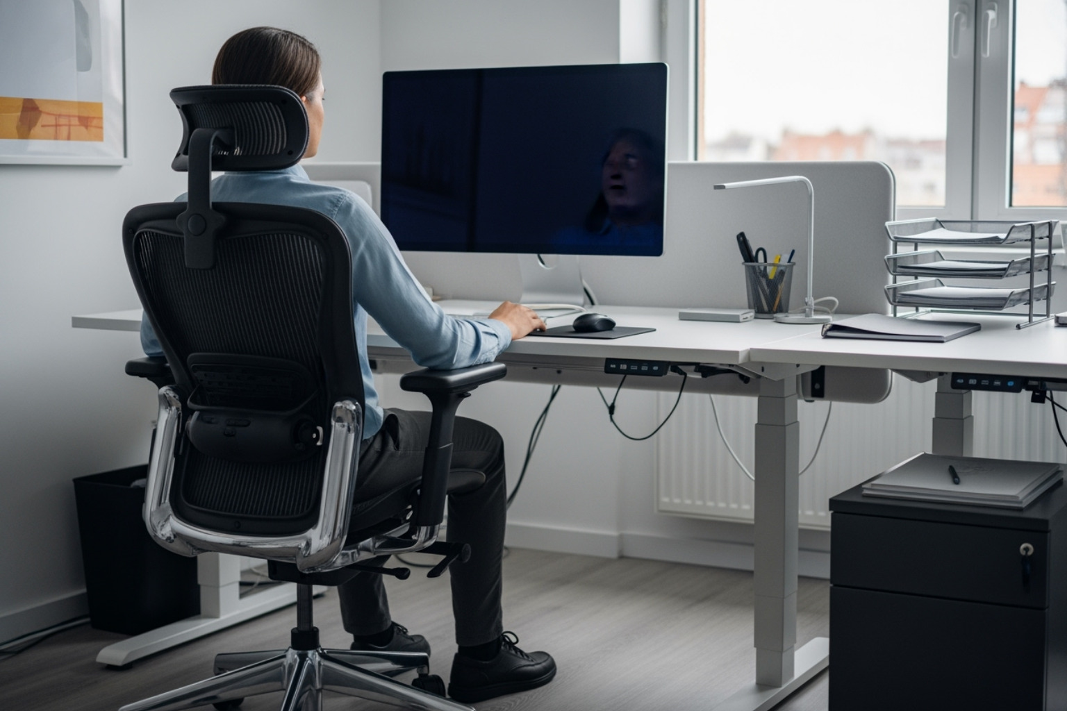 A person demonstrating good posture at an ergonomic workstation - lower back pain