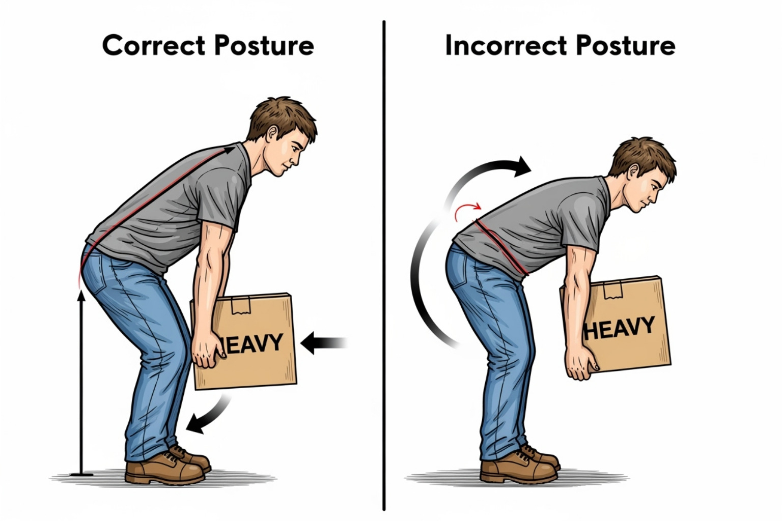 showing correct and incorrect lifting posture - lower back pain causes