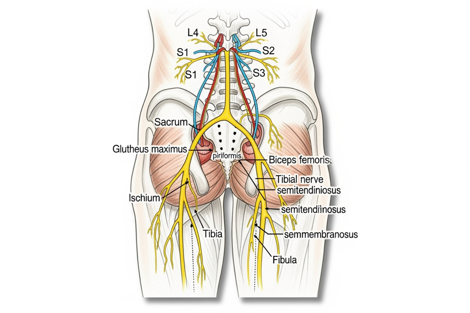 image of the sciatic nerve pathway down the leg - lower back pain causes