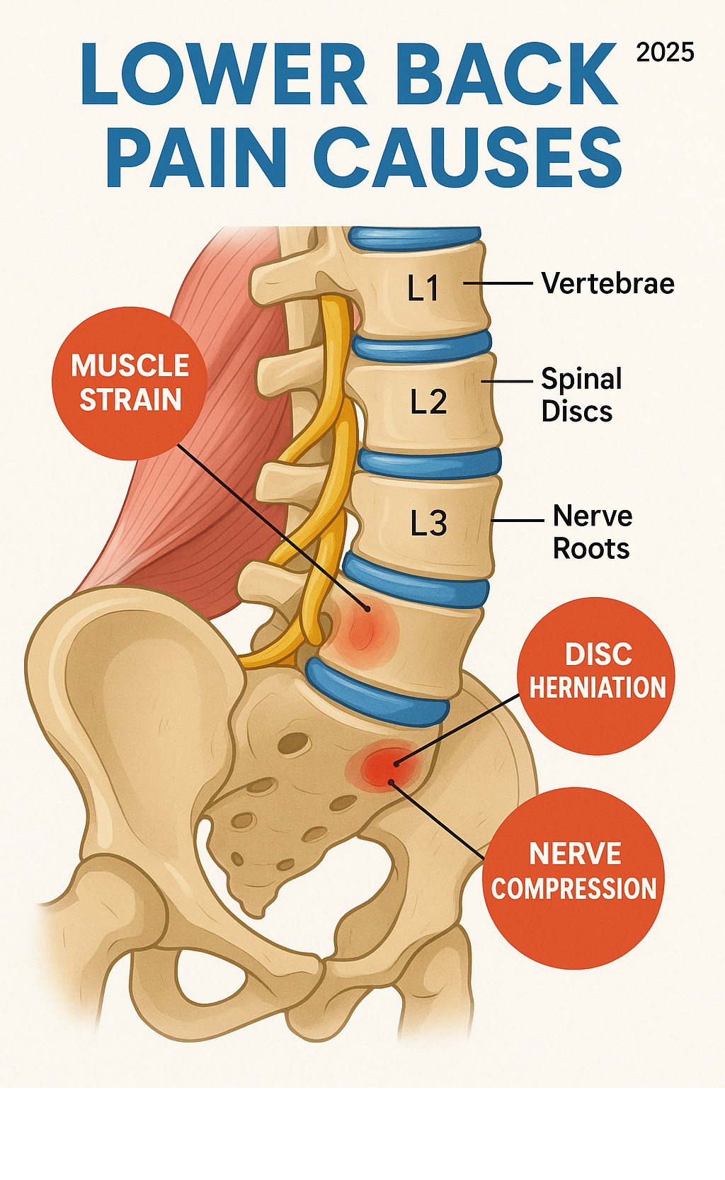 Infographic showing lower back anatomy with labeled vertebrae L1-L5, spinal discs, nerve roots, and common pain trigger points including muscle strain areas, disc herniation locations, and nerve compression sites - lower back pain causes infographic