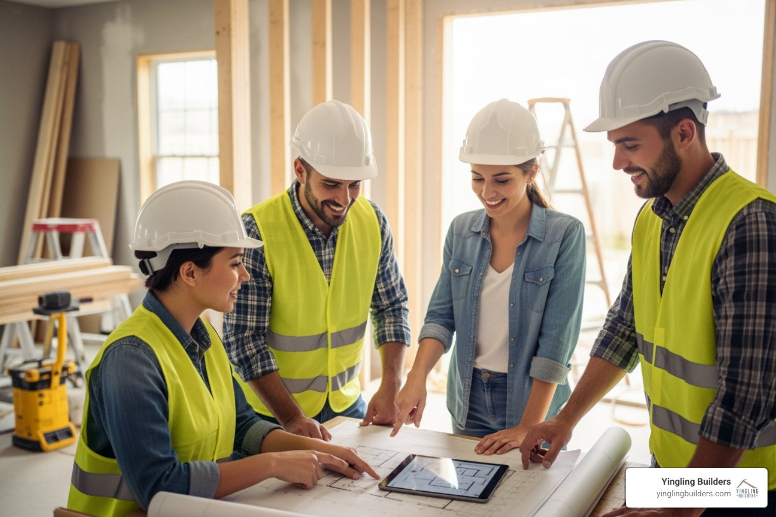 Construction team meeting with a happy homeowner, showing diverse individuals and positive interaction - home remodeling company