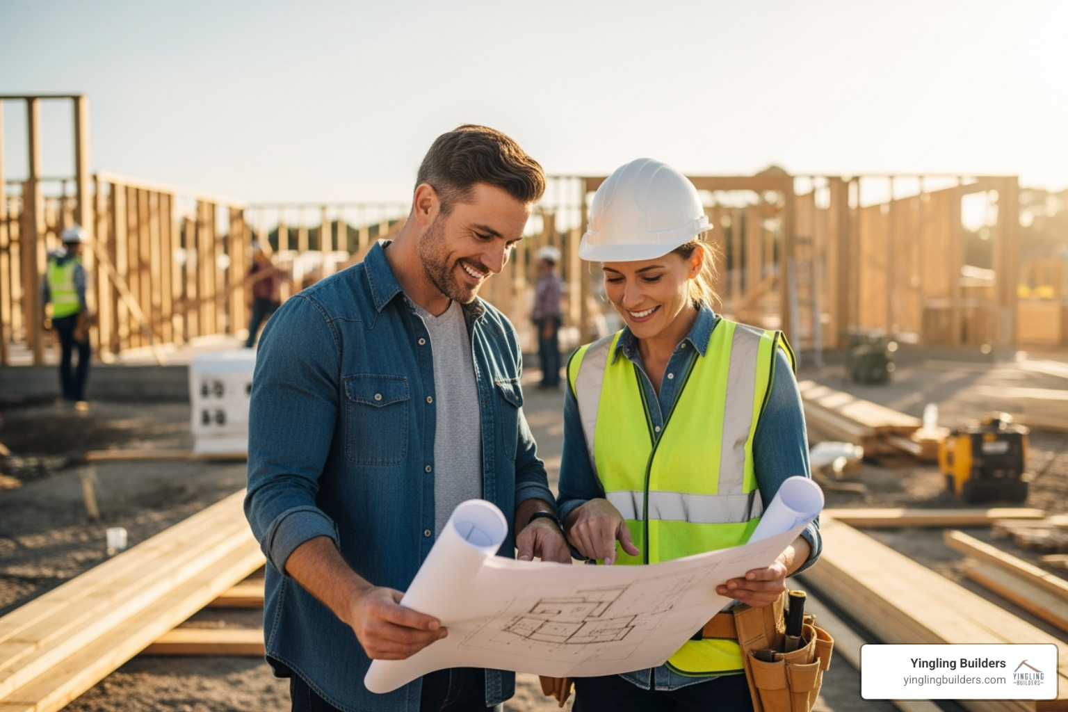 A homeowner (man) reviewing blueprints with a builder (woman) at a construction site, both smiling and looking engaged - energy efficient home design