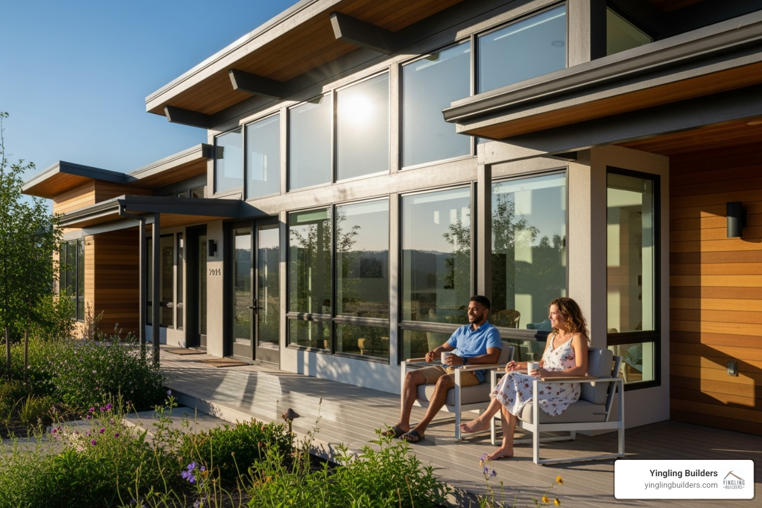 A home demonstrating passive solar design with large south-facing windows and strategically placed overhangs, a woman and a man are sitting on the porch enjoying the sun - energy efficient home design