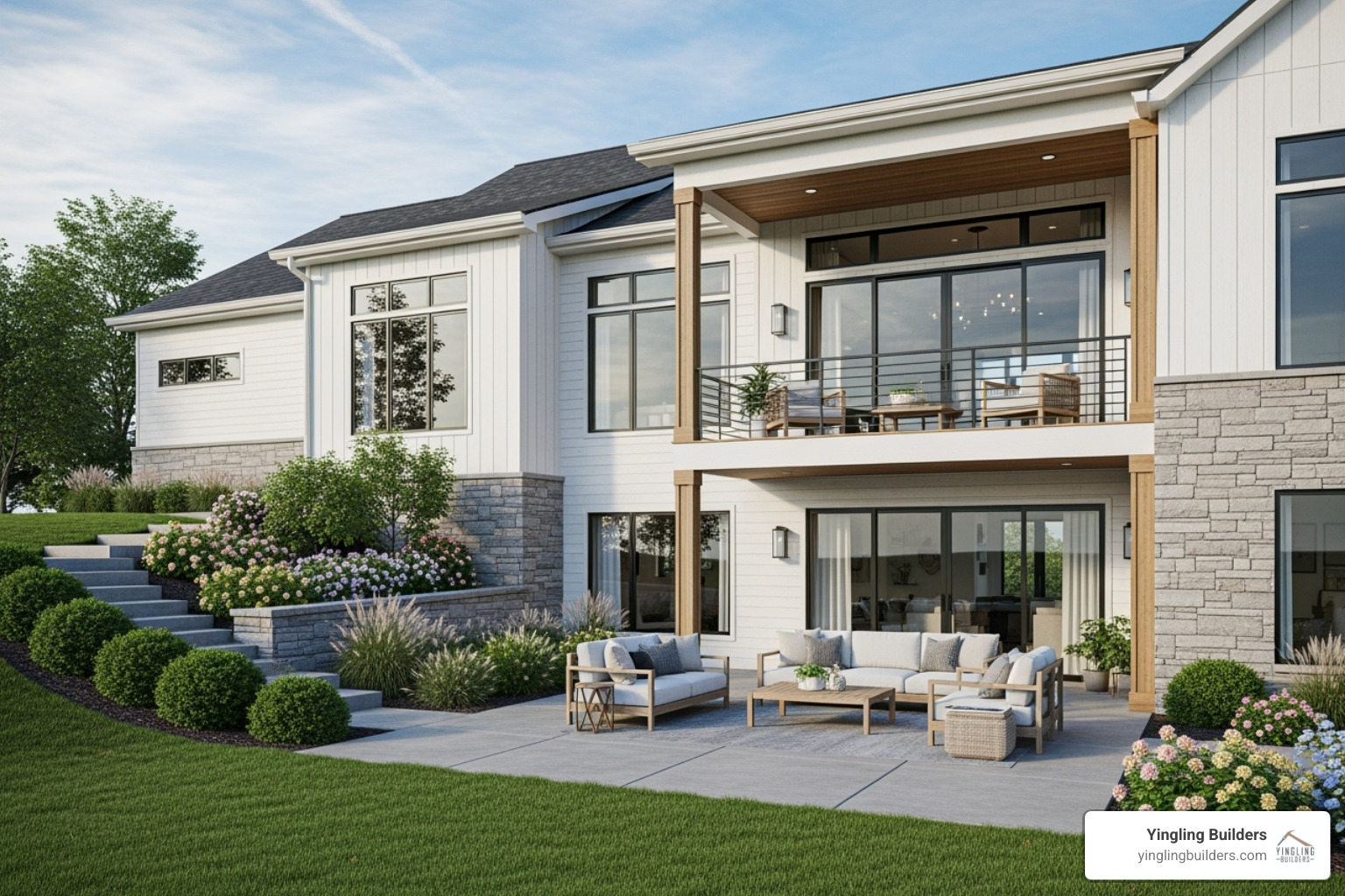modern farmhouse exterior showcasing a walkout basement leading to a patio - custom home plans with basement
