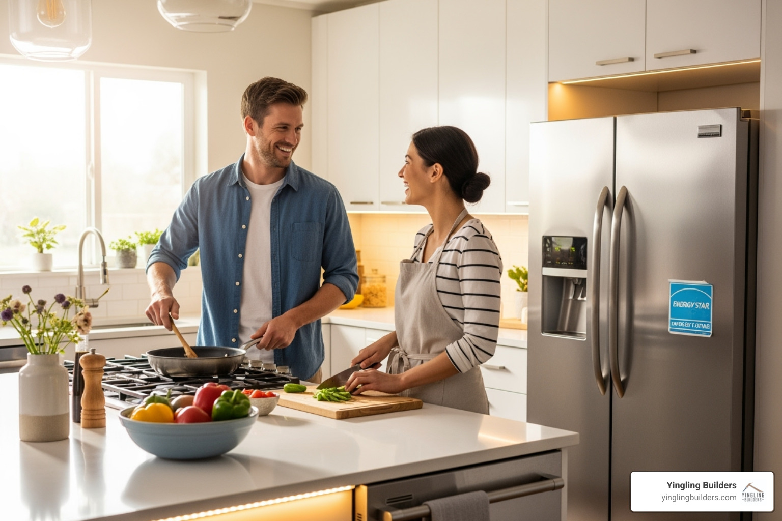 A modern kitchen with ENERGY STAR appliances and LED lighting, a man and a woman are cooking together - energy efficient home design