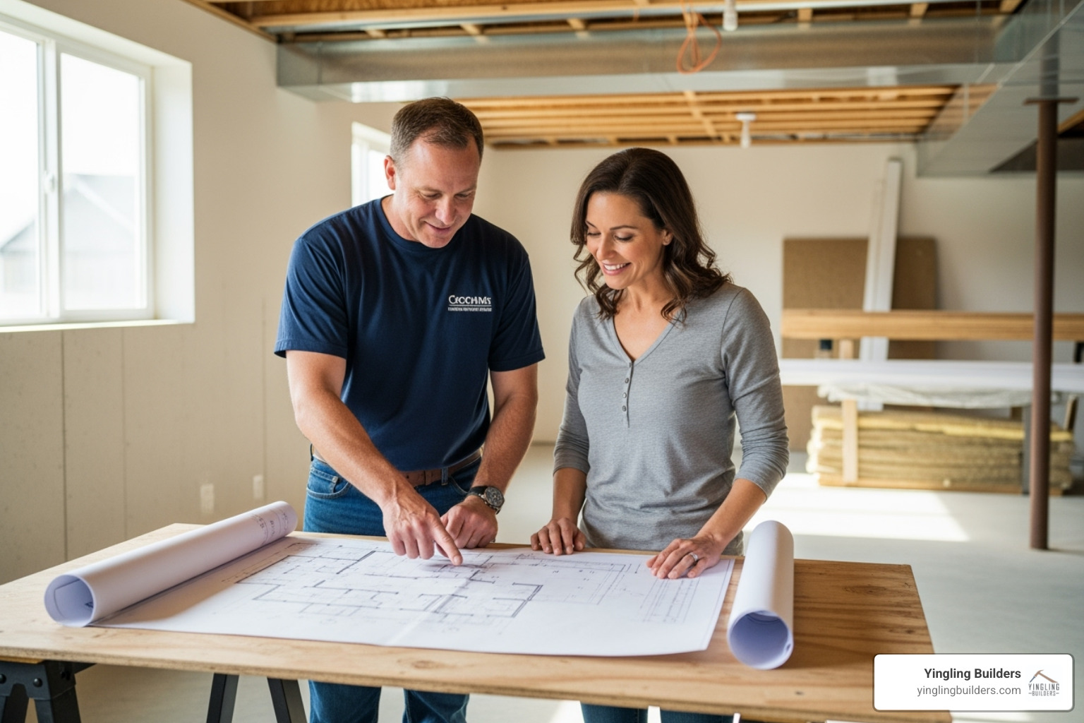 A professional male contractor and a female homeowner reviewing blueprints in a bright, clean unfinished basement, both smiling and engaged - basement finishing contractors