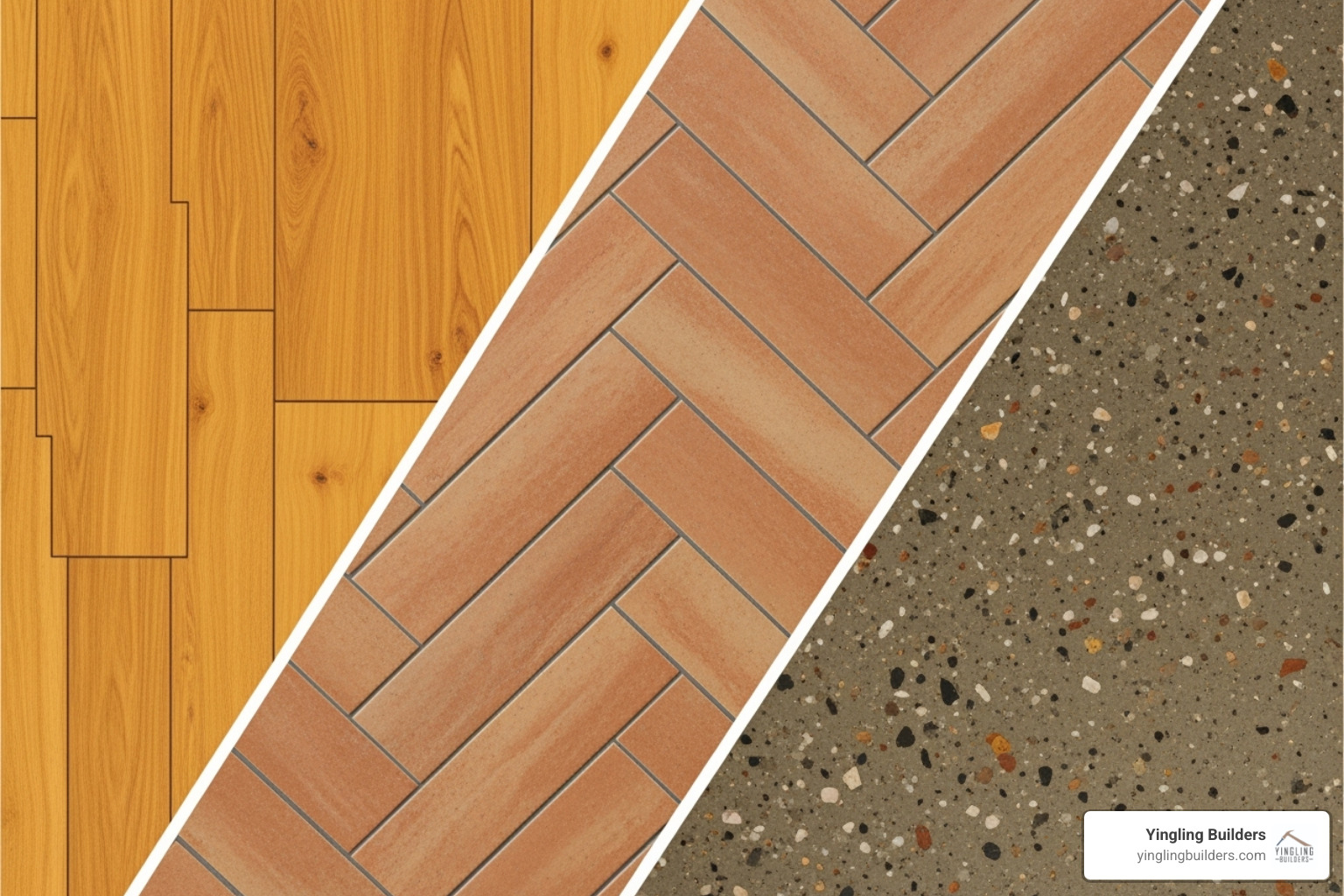 A collage of various moisture-resistant basement flooring materials like luxury vinyl plank, ceramic tile, and polished concrete, in warm brand colors - basement finishing contractors