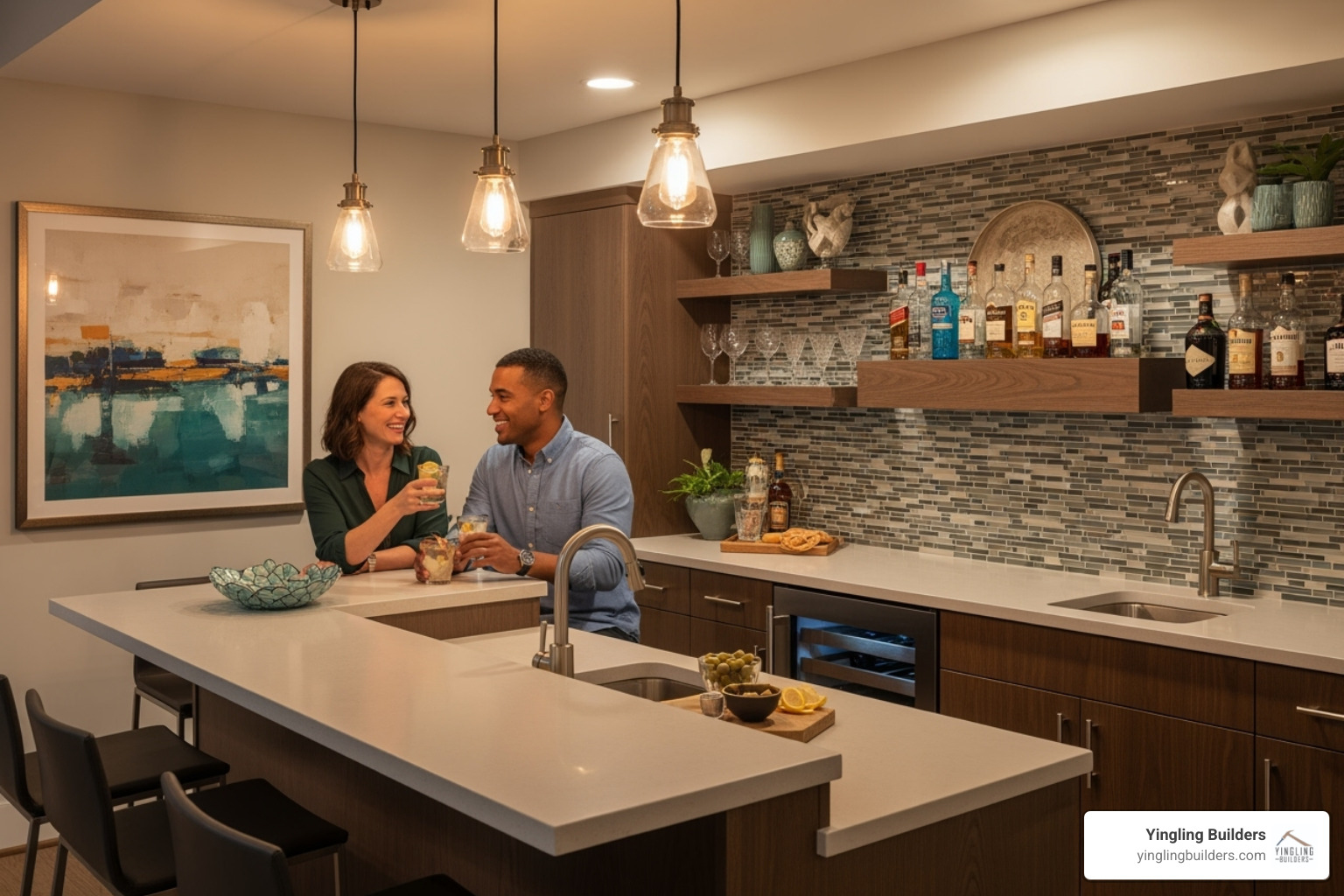 A stylish, modern basement wet bar with a male and female homeowner enjoying a drink, showcasing brand colors and positive atmosphere - basement finishing contractors
