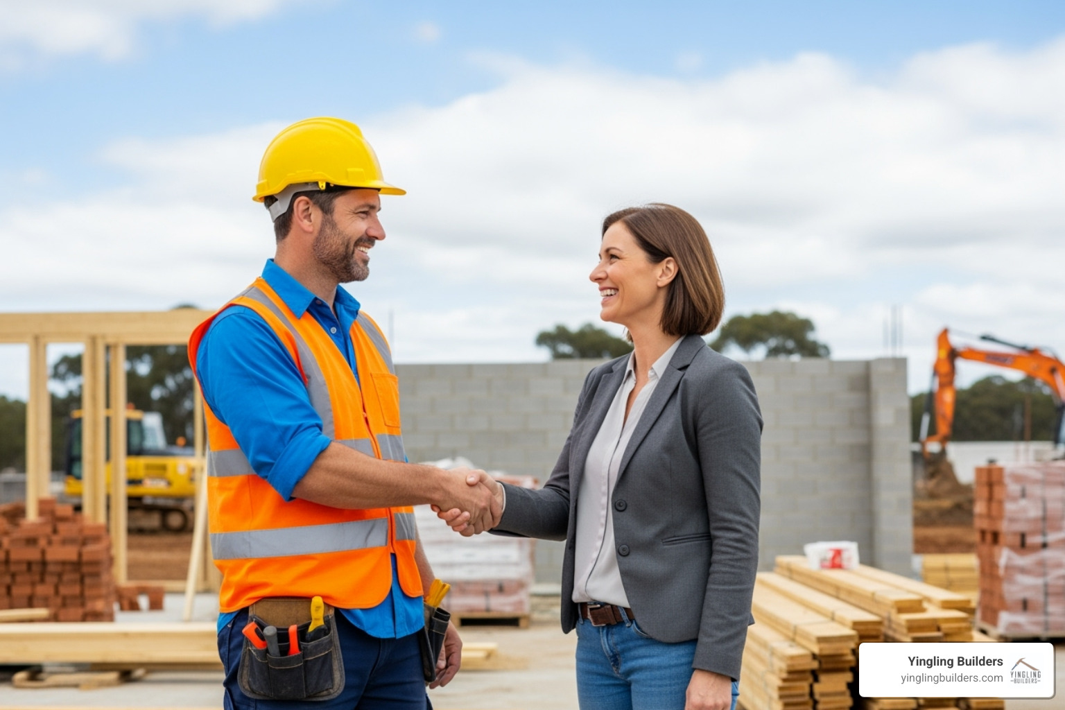 A professional male builder shaking hands with a happy female client on a job site, symbolizing trust and collaboration - custom home building near me