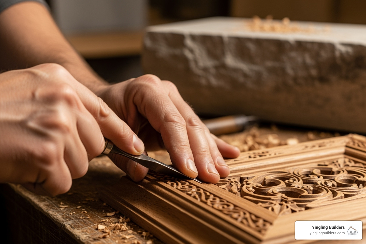 A skilled craftsman's hands carefully working on intricate custom cabinetry, showcasing meticulous attention to detail and quality stonework in the background - Local custom builder