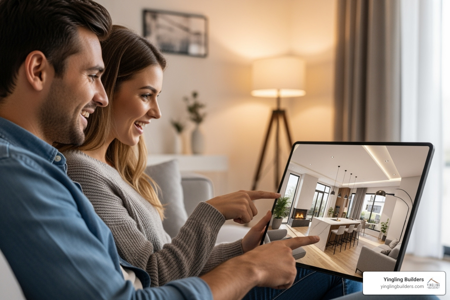 A cheerful couple reviewing a detailed 3D architectural rendering of their dream home interior, featuring warm lighting and modern design elements - Local custom builder