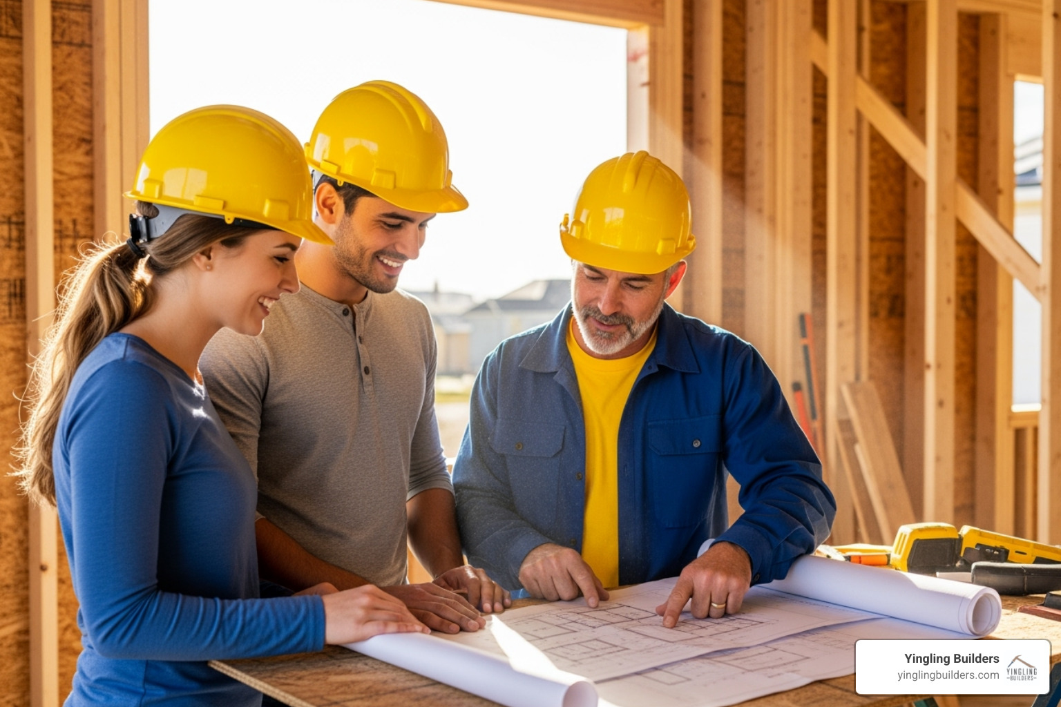 Home construction site in the framing stage, with a male and female client looking at plans with a builder - custom home building near me