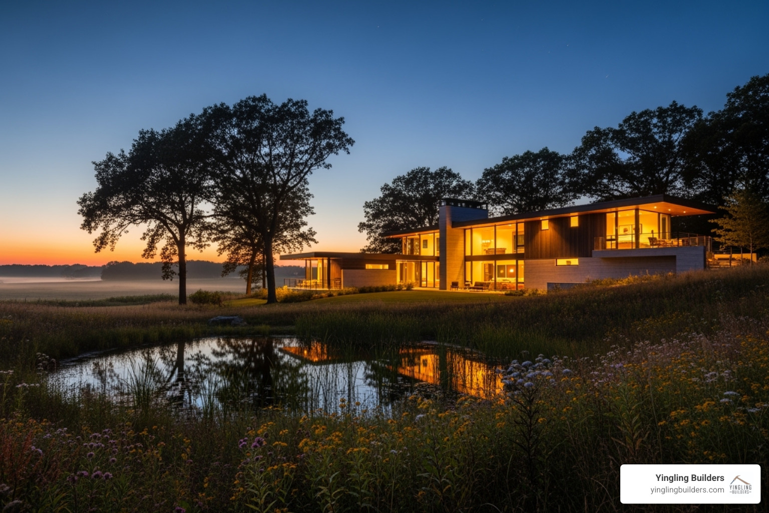 A modern home with inviting lighting nestled in a serene Illinois landscape, blending seamlessly with nature - Local custom builder