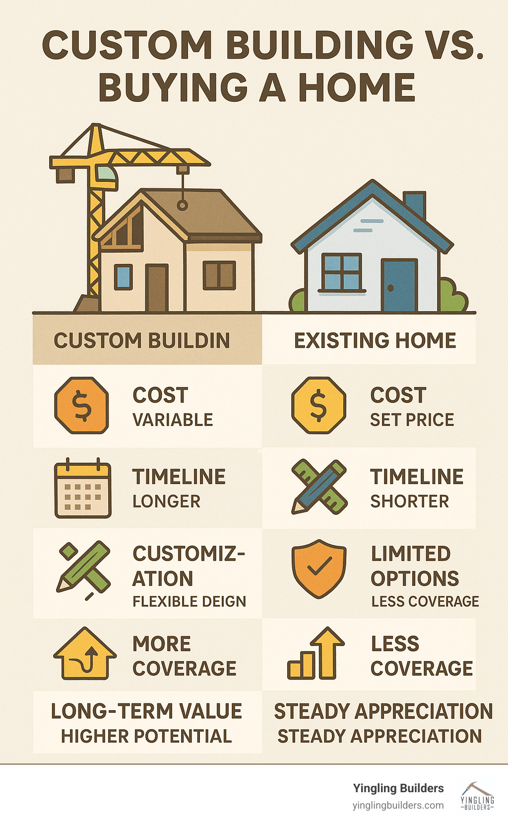 Comprehensive comparison showing the advantages of custom home building versus buying existing homes, including cost factors, timeline differences, customization opportunities, warranty coverage, and long-term value considerations - Local custom builder infographic 