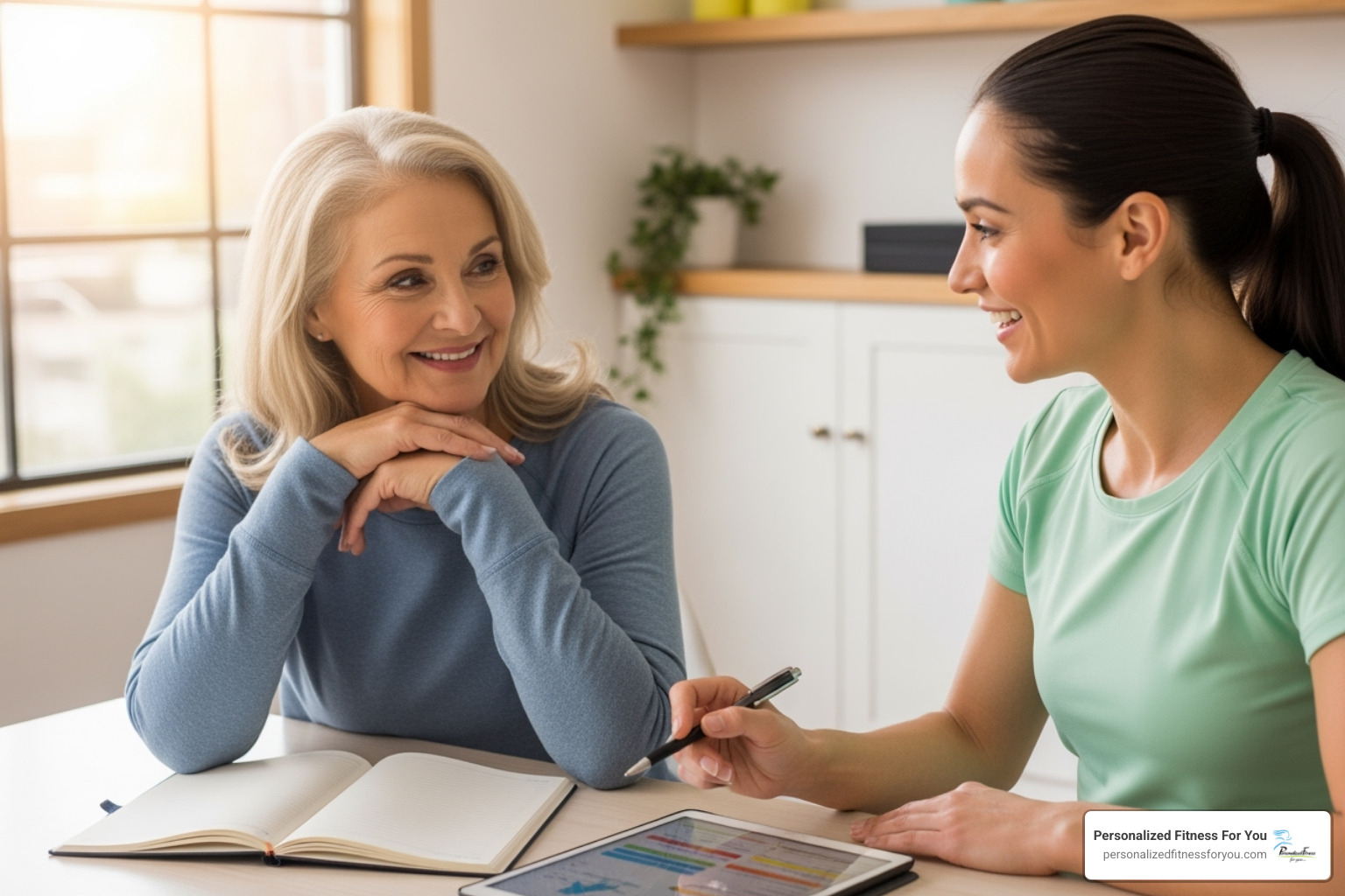 Smiling woman over 40 with a fitness professional, discussing a personalized exercise plan in a supportive setting, showing collaboration and careful planning - weight bearing exercise can help prevent osteoporosis Smiling woman over 40 with a fitness professional, discussing a personalized exercise plan in a supportive setting, showing collaboration and careful planning - weight bearing exercise can help prevent osteoporosis
