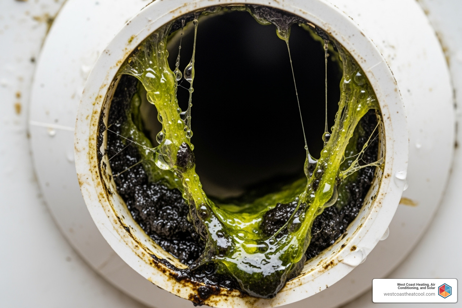 Clogged drain line opening with algae and gunk - AC drain line clog