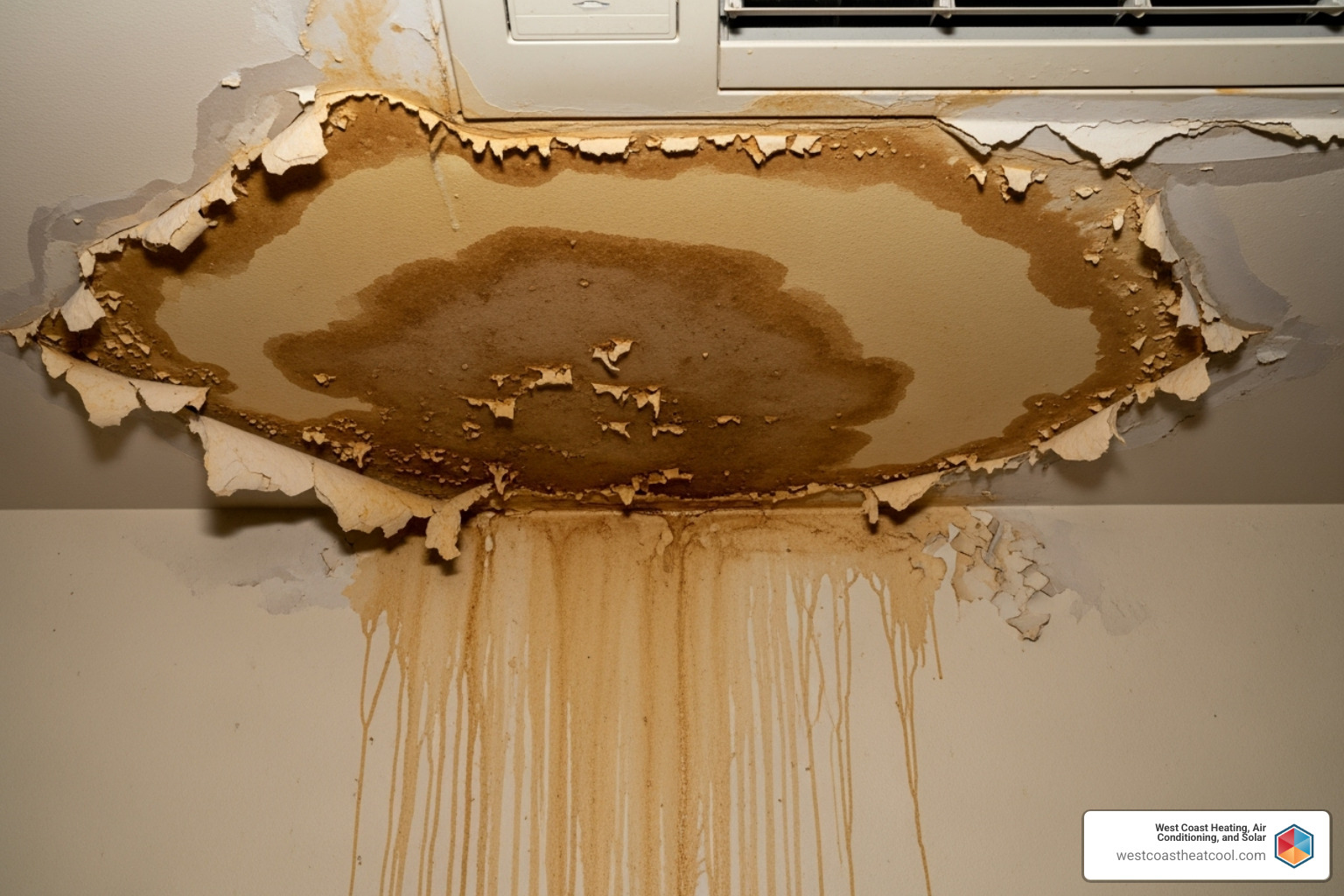 Water damage on a ceiling or wall below an AC unit - AC drain line clog