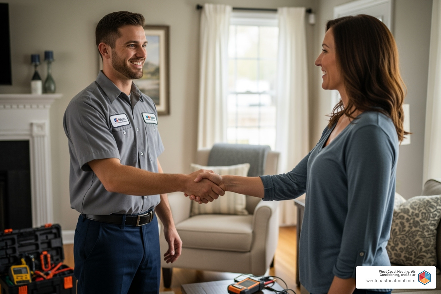 friendly, professional technician shaking a homeowner's hand - air conditioning repair poway