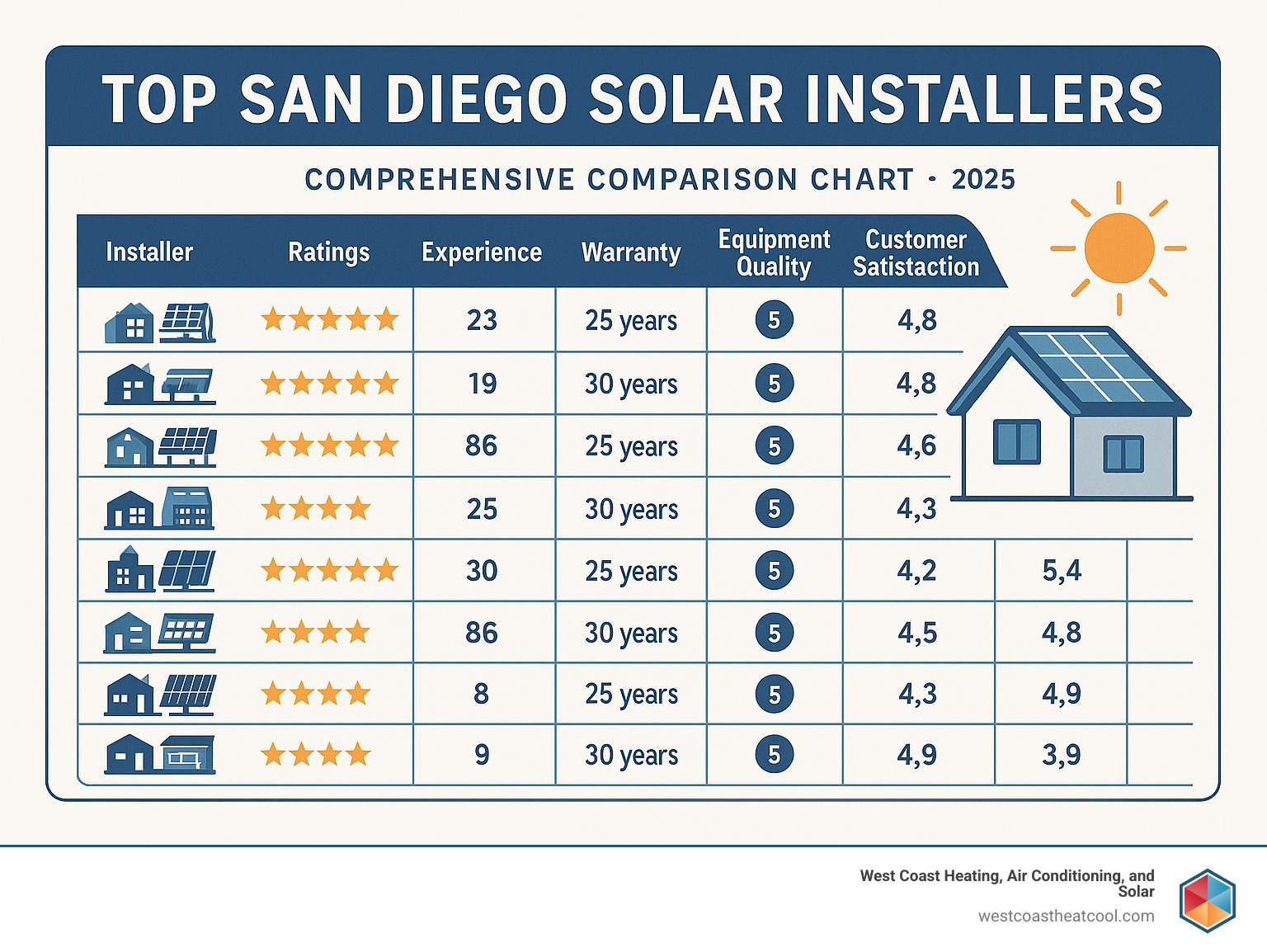 Comprehensive comparison chart showing top San Diego solar installers with ratings, experience levels, warranty terms, equipment quality scores, and average customer satisfaction ratings - list of solar panel installer in san diego infographic 