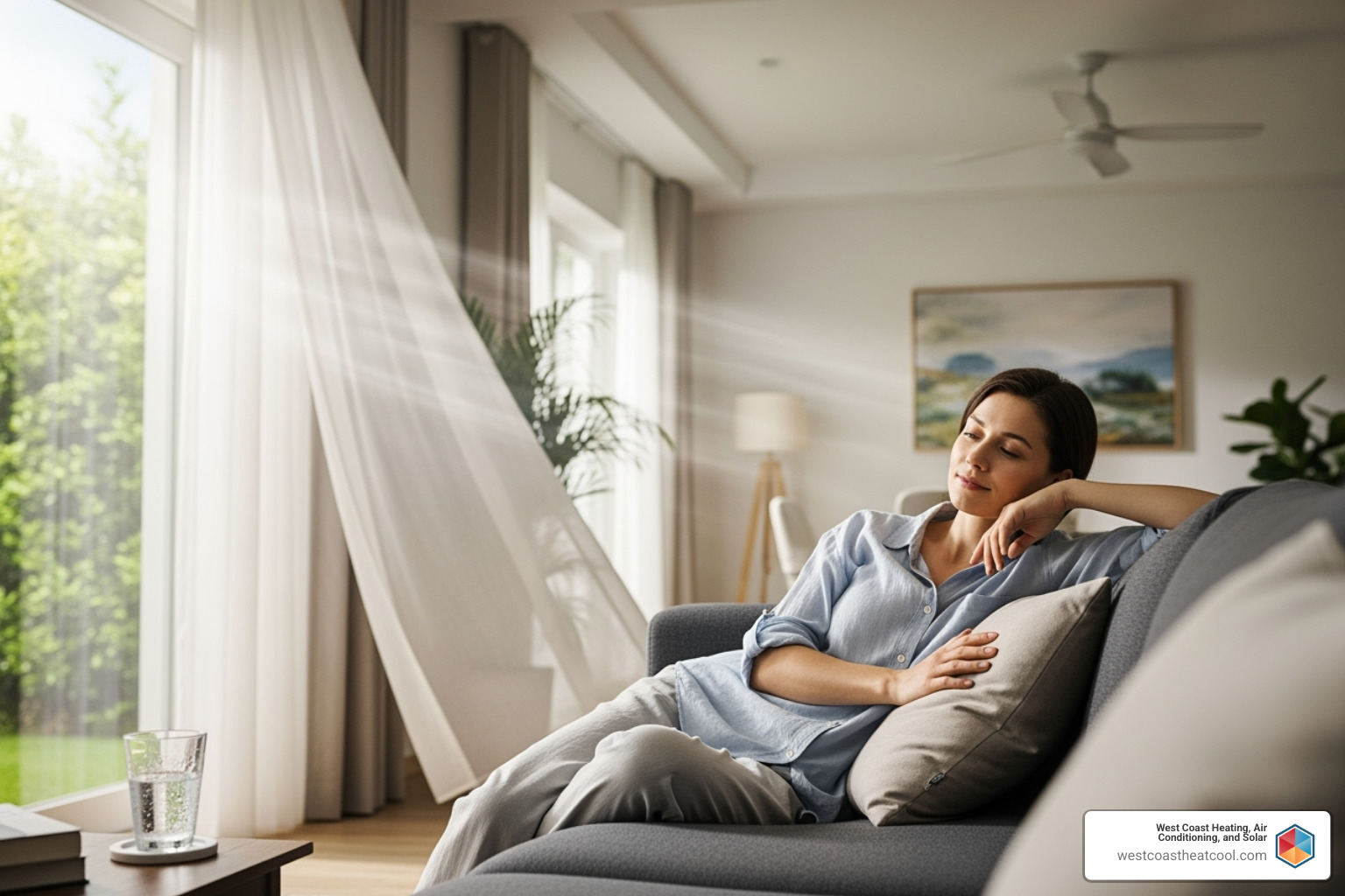 Homeowner relaxed in cool living room - HVAC tune up
