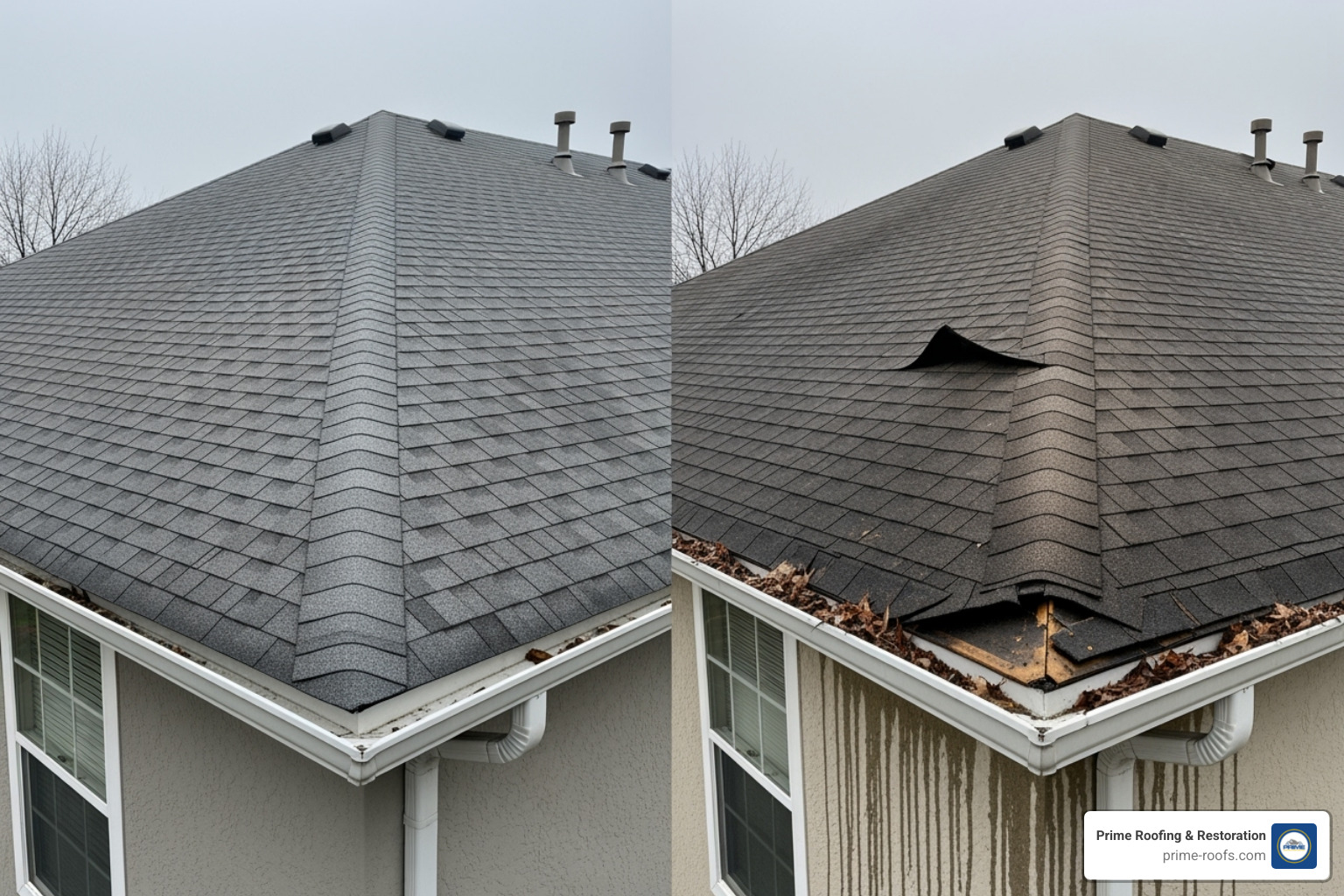 Well-maintained roof vs. roof with water damage - Roof assessment services Well-maintained roof vs. roof with water damage - Roof assessment services