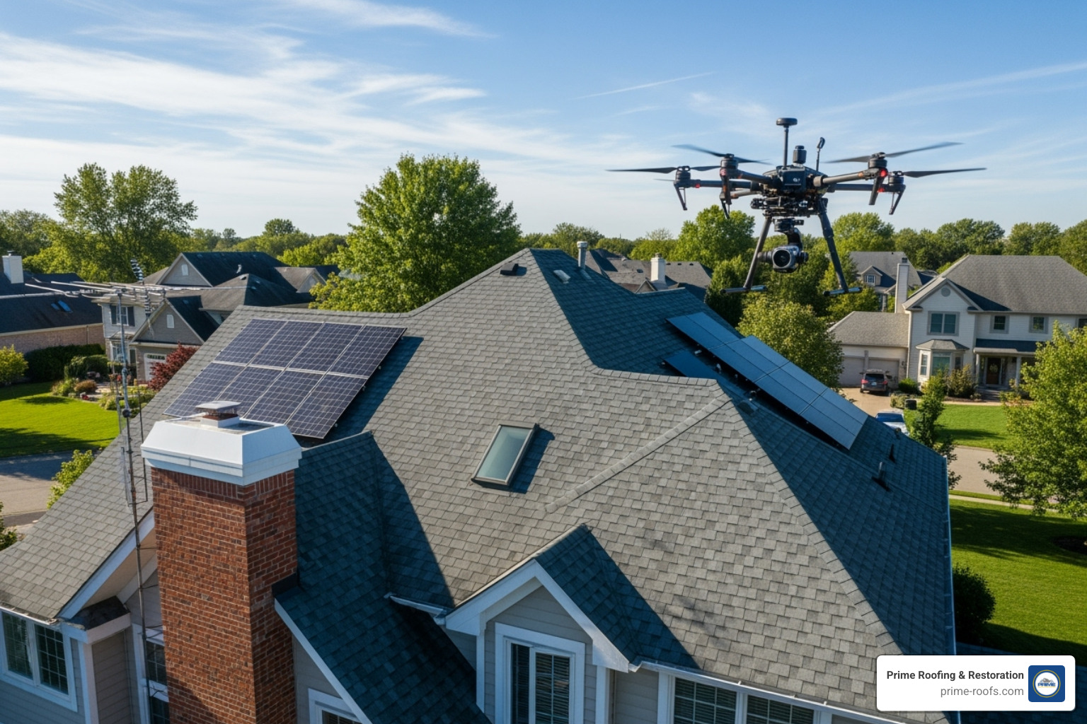 Drone flying over a roof for inspection - Roof assessment services Drone flying over a roof for inspection - Roof assessment services