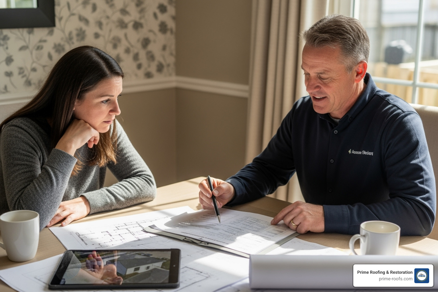 Homeowner reviewing roof assessment report with contractor - Roof assessment services Homeowner reviewing roof assessment report with contractor - Roof assessment services